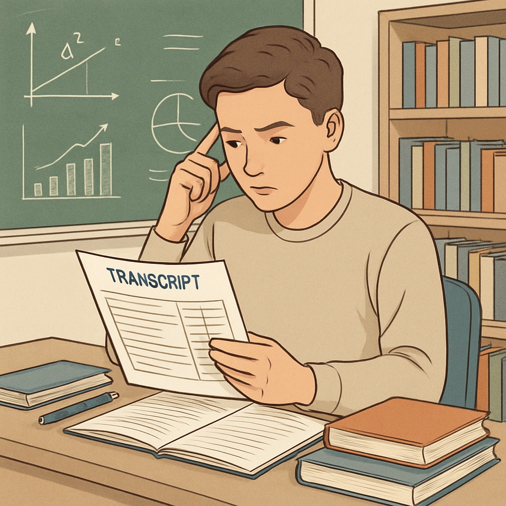 A high school student reviewing their transcript and reflecting on their academic progress. Student reviewing transcript and considering CALM course retake.