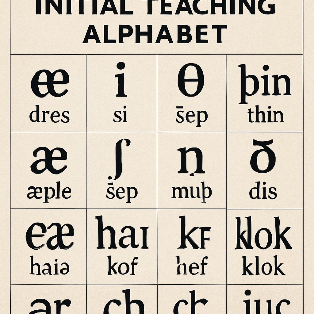 A close-up of an ITA textbook, showing the phonetic symbols used in the method and their corresponding words. An ITA textbook displaying phonetic symbols and example words.
