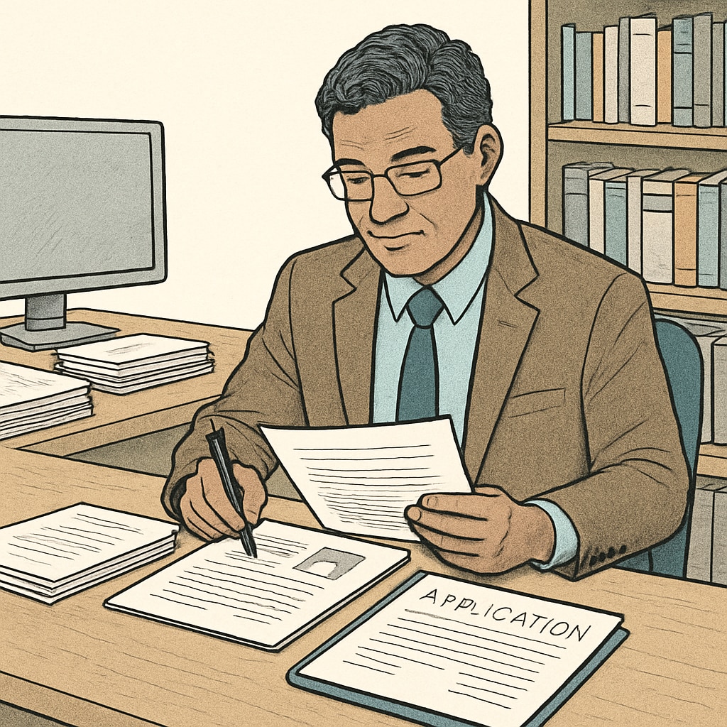 A college admissions officer reviewing a student’s application with a holistic approach. Admissions officer evaluating an application holistically.