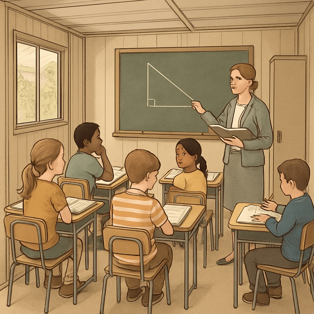 A small temporary classroom where children are adapting to limited space and new facilities. The image highlights the challenges of overcrowded school environments. Temporary school classroom with elementary students adjusting to smaller facilities.