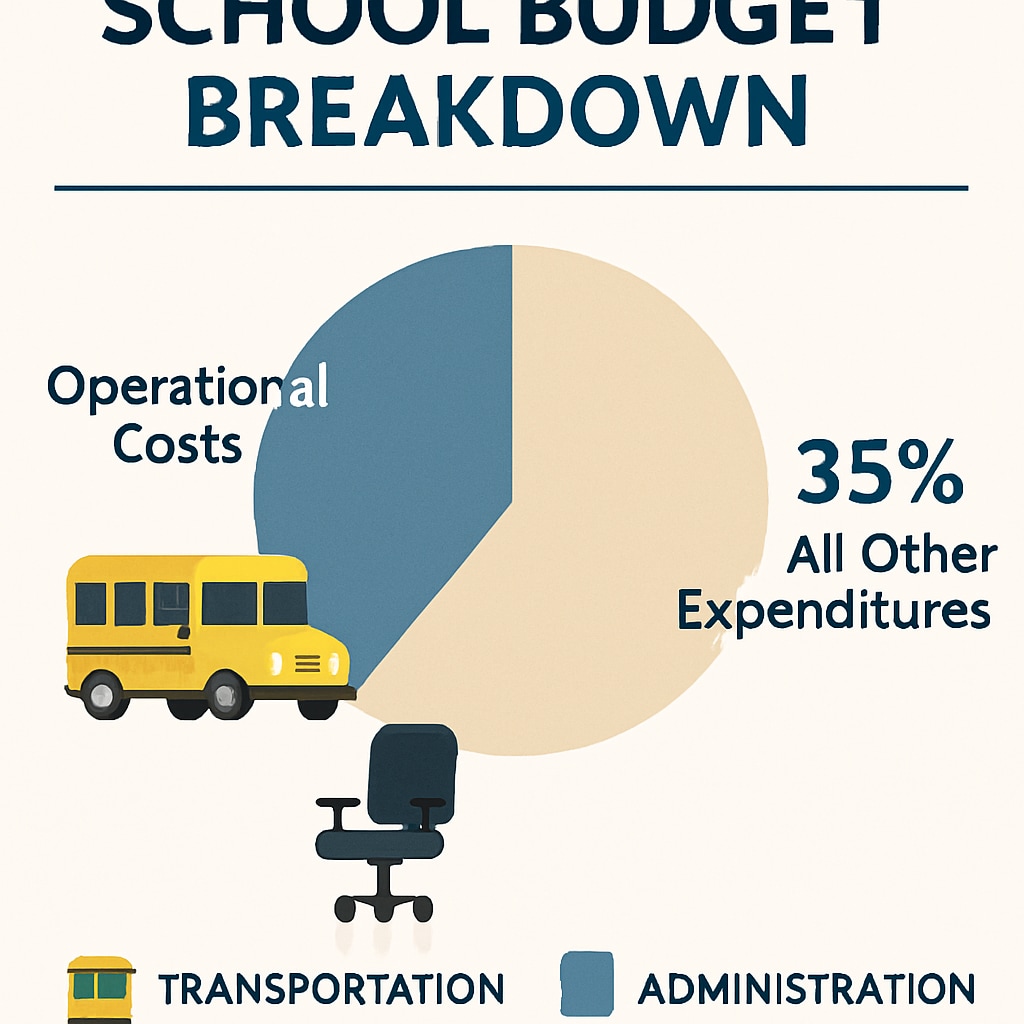 An infographic showing the breakdown of school budgets, highlighting the share allocated to operational costs like transportation and administration. School budget breakdown highlighting operational costs like transportation.