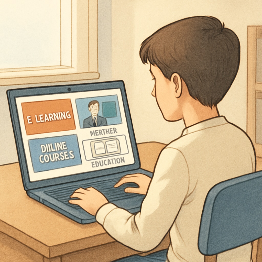 A student using a laptop in a well-lit room, with educational platforms visible on the screen. A student exploring extracurricular educational resources on a laptop.