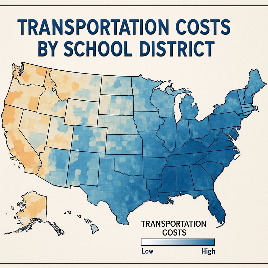 A map illustrating the variation in transportation costs across school districts in the United States. Map showing differences in transportation costs across U.S. school districts.
