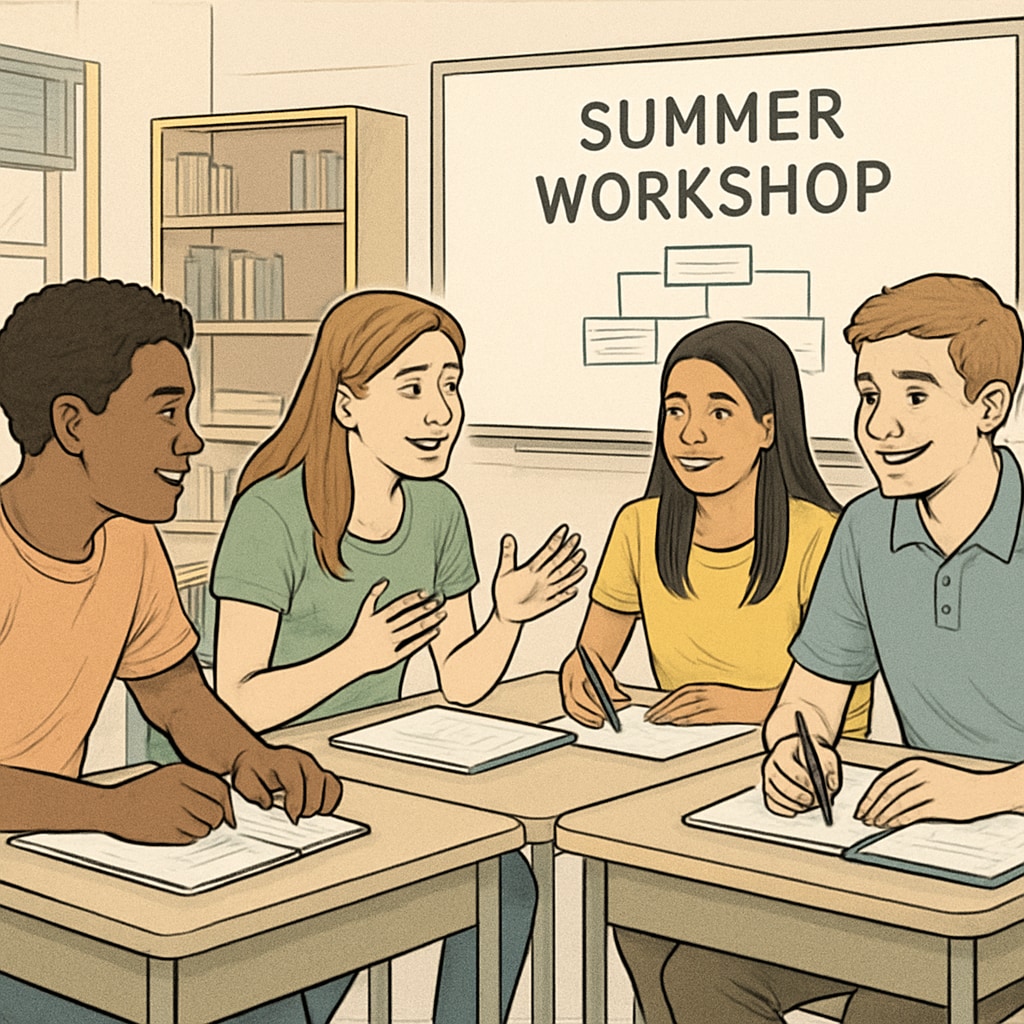 A group of high school students participating in a summer workshop, discussing and collaborating on a project. High school students exploring extracurricular education resources in a workshop.