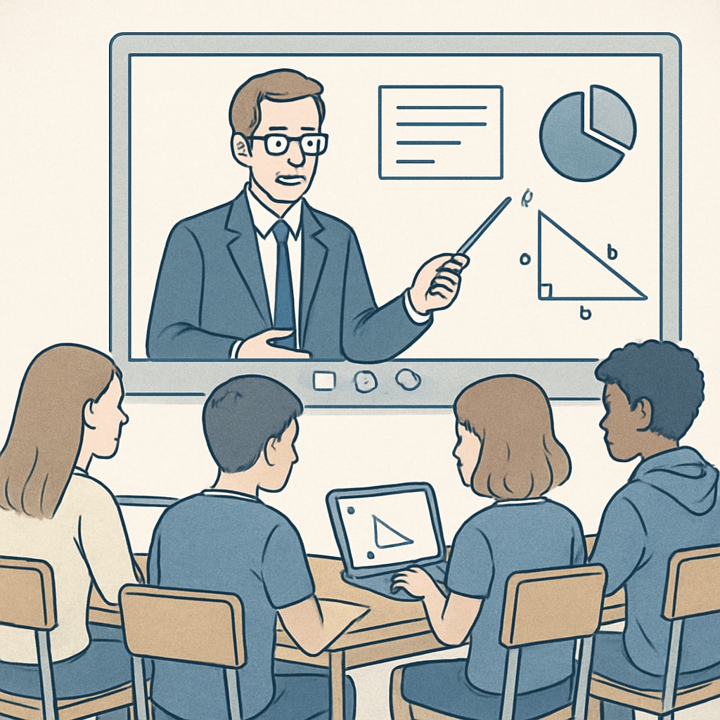 A group of high school students attending an online group class, with a teacher presenting via a virtual whiteboard. High school students participating in an online group learning session.