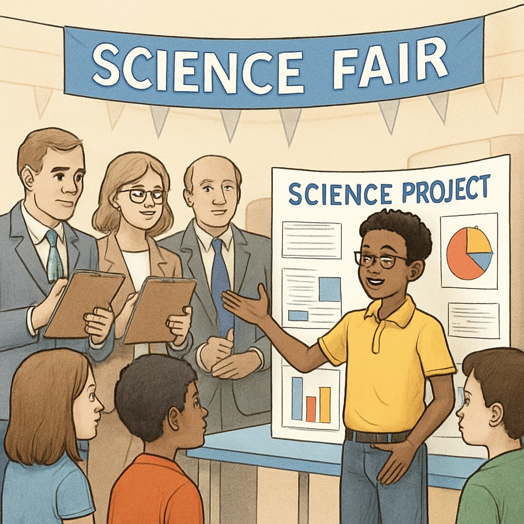 A student presenting their project during a science fair, surrounded by judges and peers. High school student showcasing extracurricular learning through a science fair presentation.