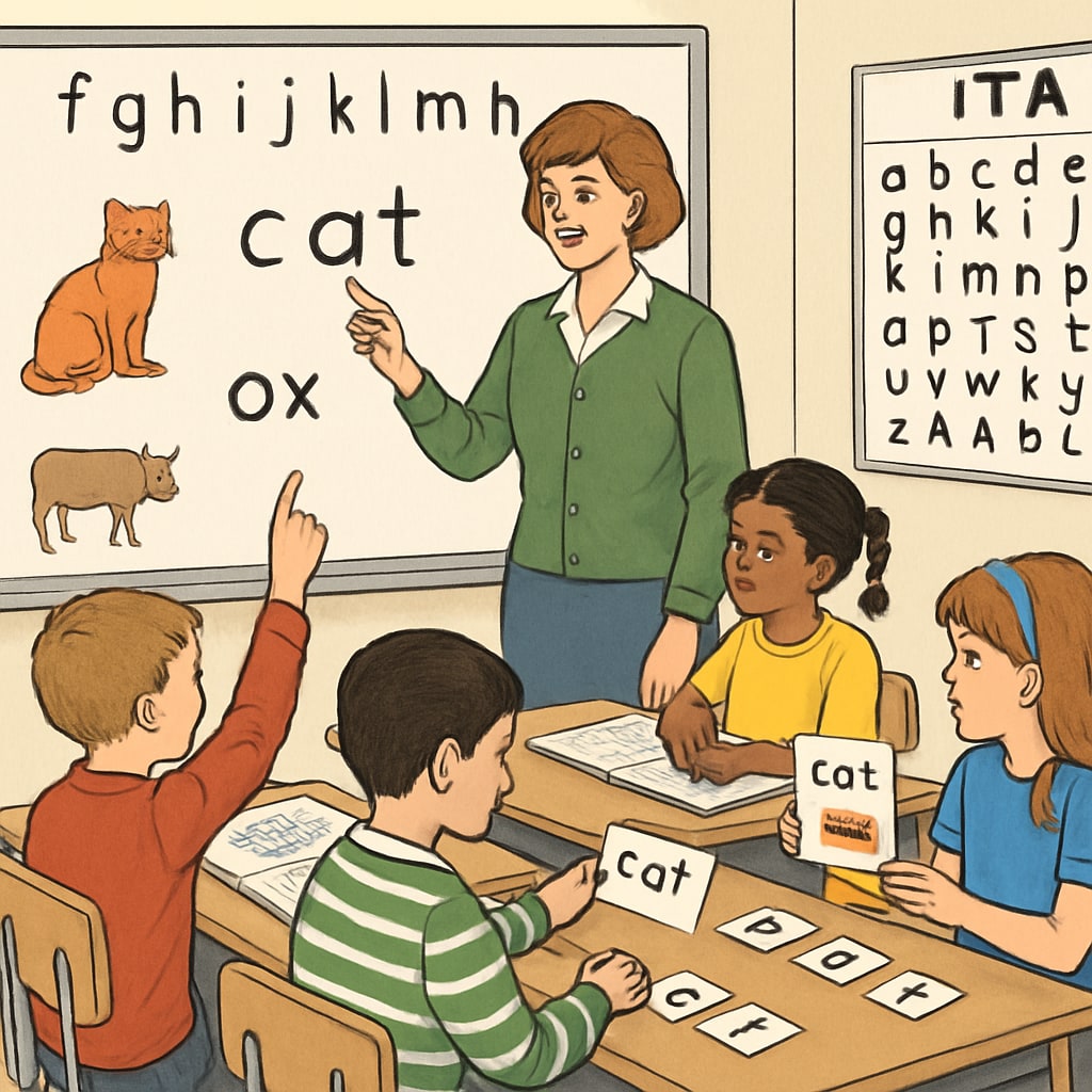 A classroom setting where children are using ITA materials, illustrating the teaching process and its focus on phonetics. Classroom scene showing ITA teaching materials in use