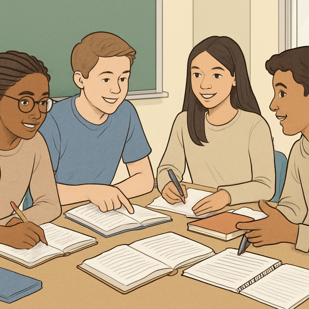 A group of students collaborating on a project in a classroom setting, representing the concept of study groups. Students in a study group collaborating in a classroom at the University of Houston.