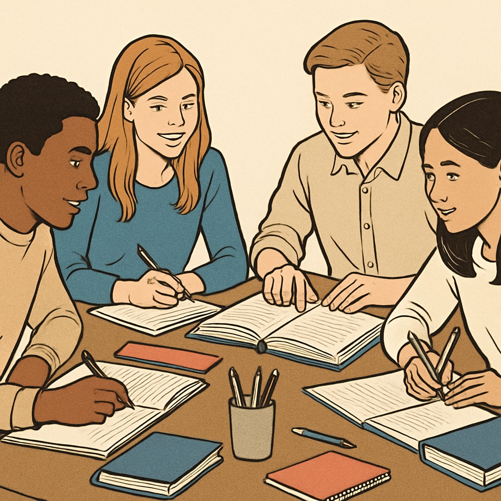 A group of students collaborating in a study group, showcasing teamwork and engagement. Students collaborating in a study group at UH.
