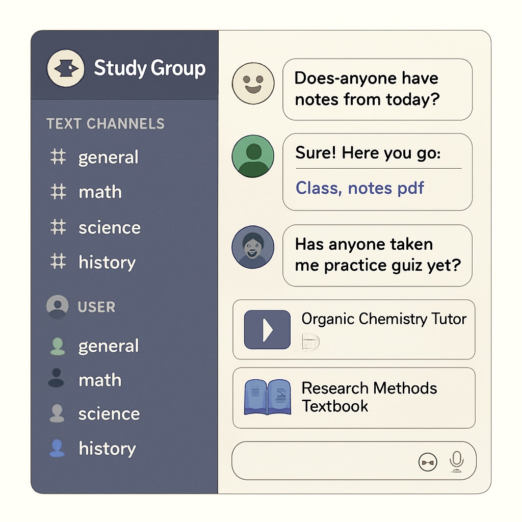 A screenshot of a Discord server interface showing study group discussions and shared resources. Screenshot of a Discord server used by students for collaborative learning.