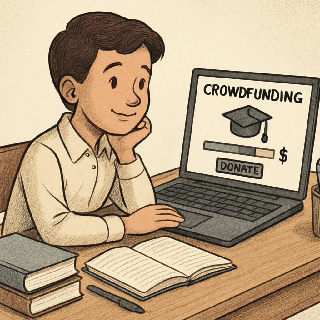 A student sitting at a desk with a laptop open to a crowdfunding platform, looking hopeful about their educational journey. Crowdfunding student raising funds for college on GoFundMe.