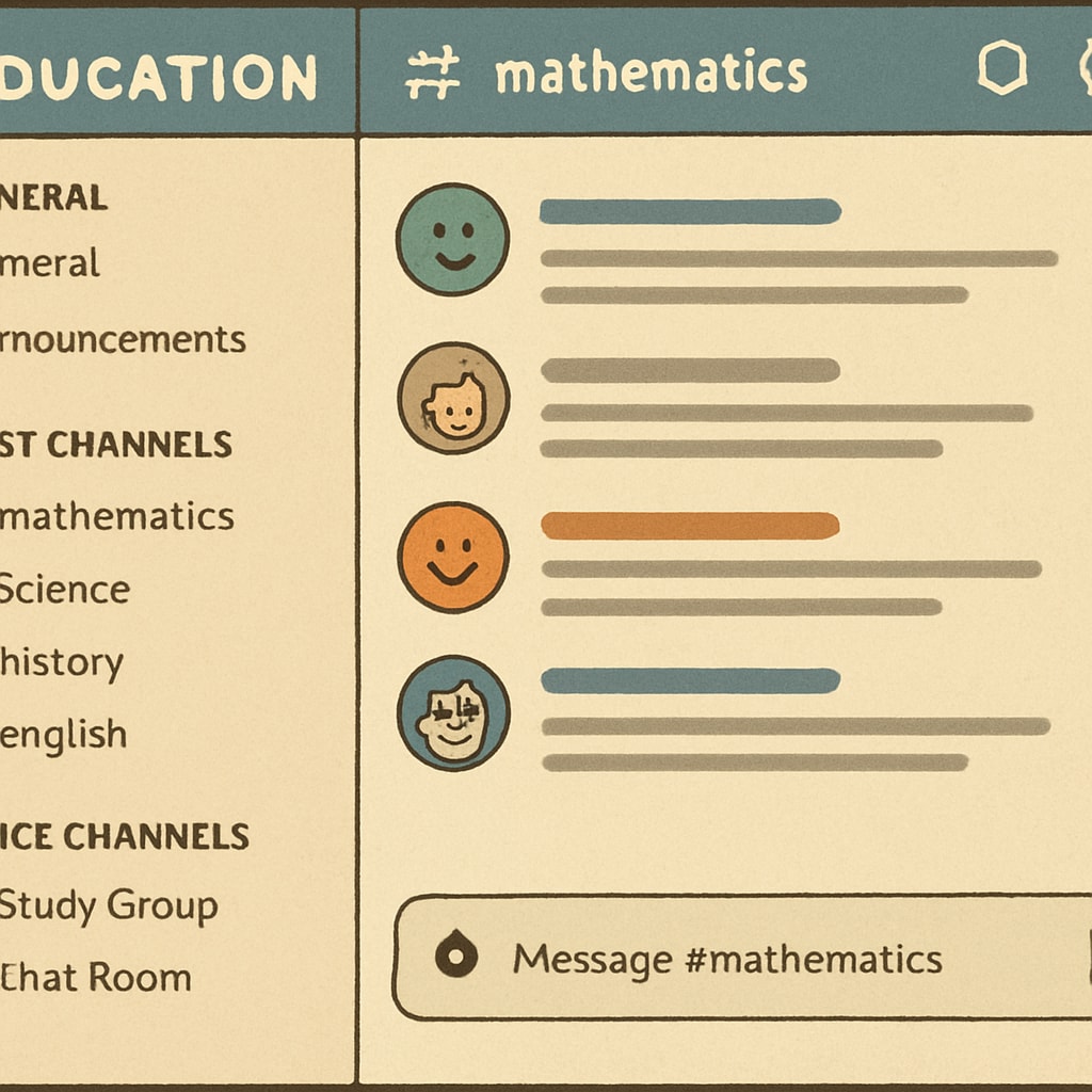 A screenshot of a Discord server tailored for education, with organized channels for different subjects. Discord server for educational purposes, used by UH study groups.