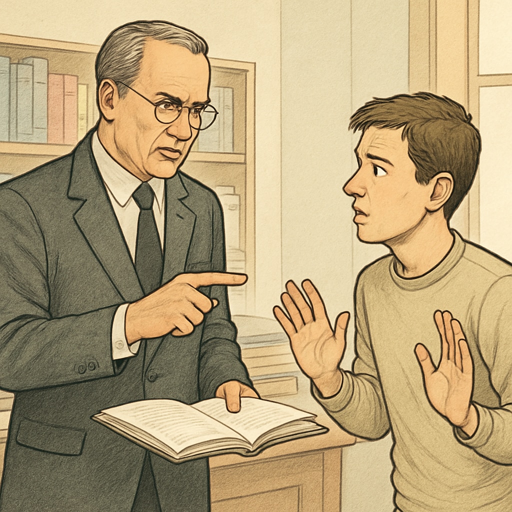A professor confronting a student in an academic setting, illustrating the tension of plagiarism accusation. A professor discussing plagiarism accusations with a student in a classroom.