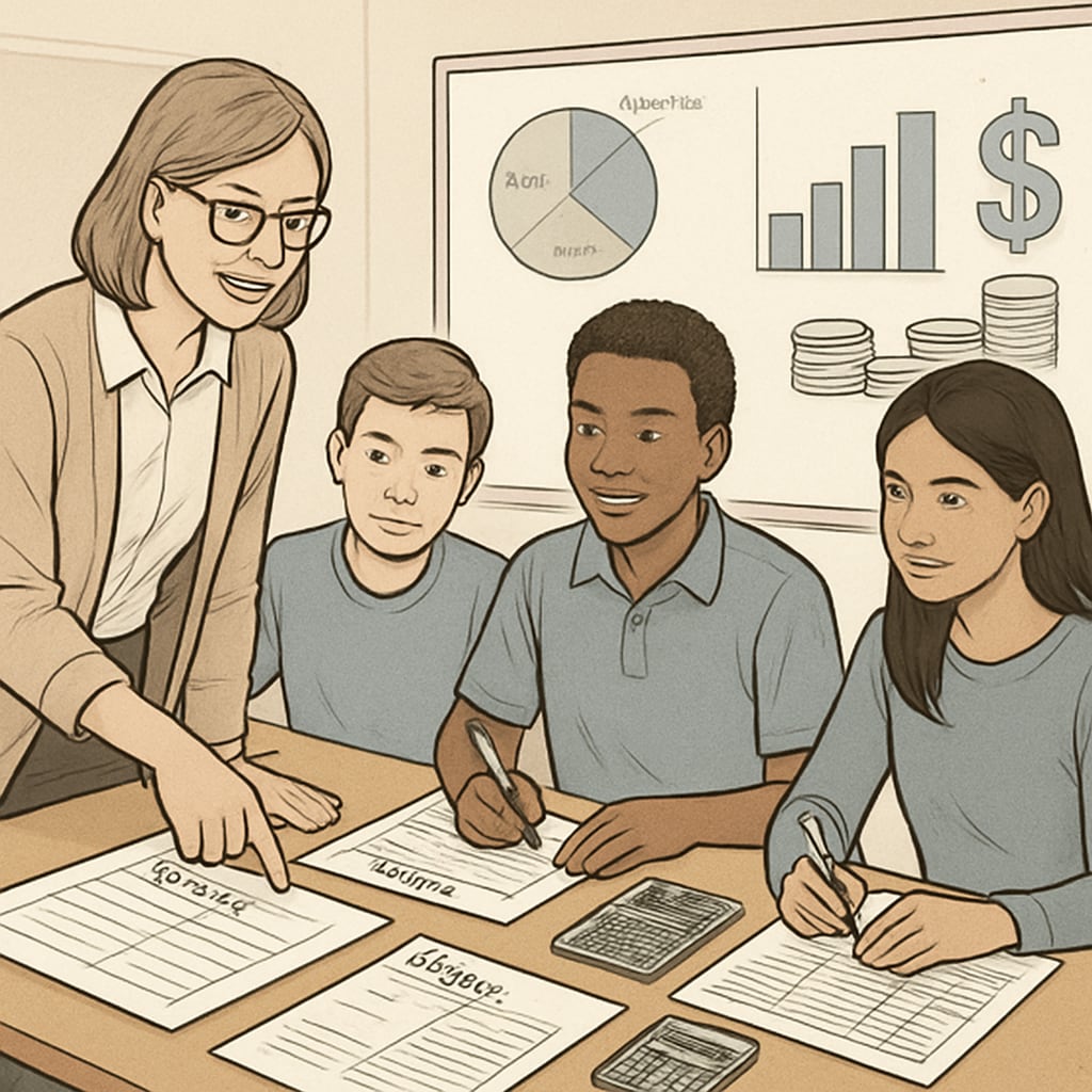 A group of students collaborating on a financial literacy workshop, with a mentor guiding them through a budgeting exercise. Students learning budgeting skills in a financial literacy workshop.
