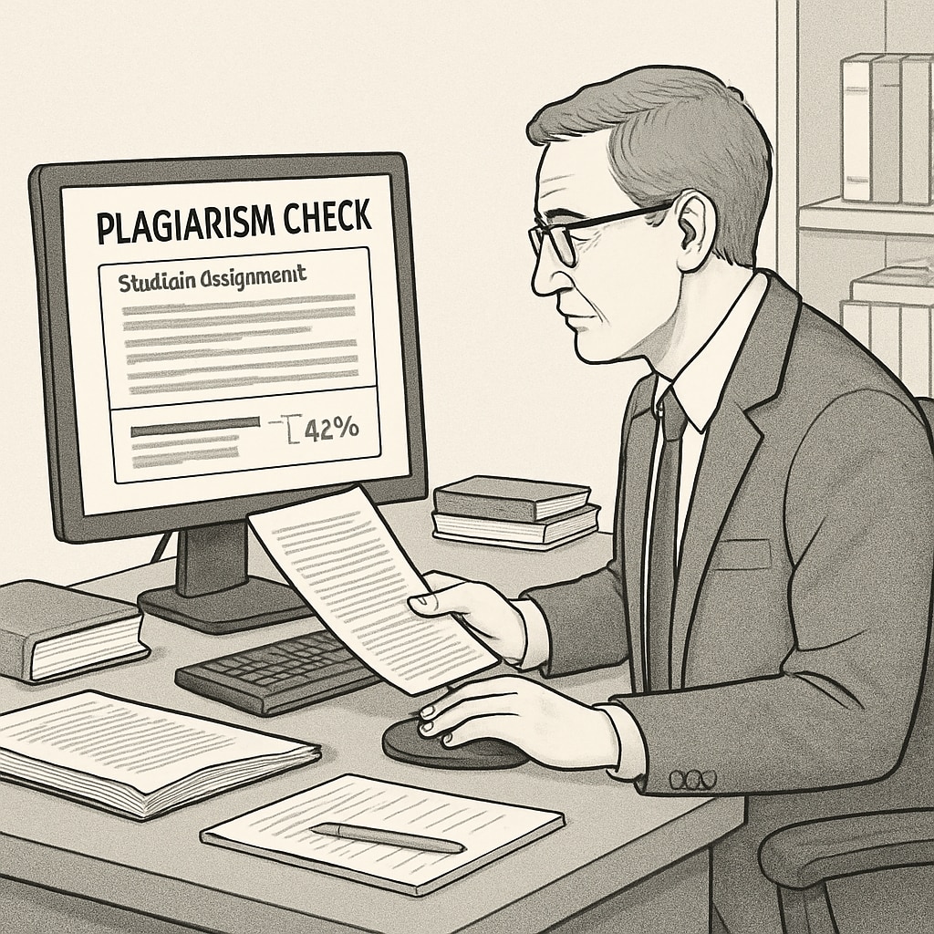 A professor reviewing student assignments on a computer, with a plagiarism detection tool screen visible. A professor reviewing assignments flagged by plagiarism detection software.