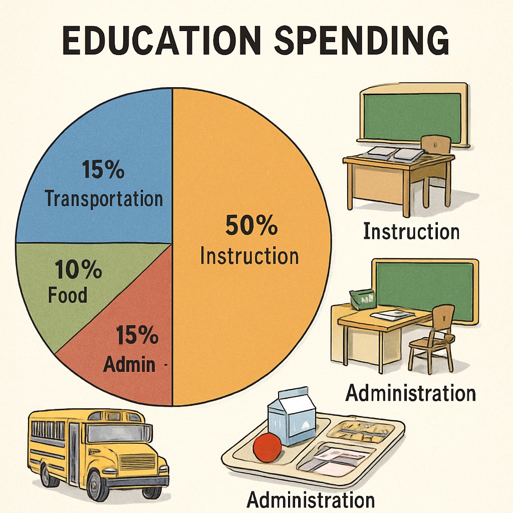 A detailed chart illustrating how educational spending is divided across categories like transportation, classroom resources, and administrative costs. Educational spending breakdown chart, including transportation, classroom resources, and administrative costs.