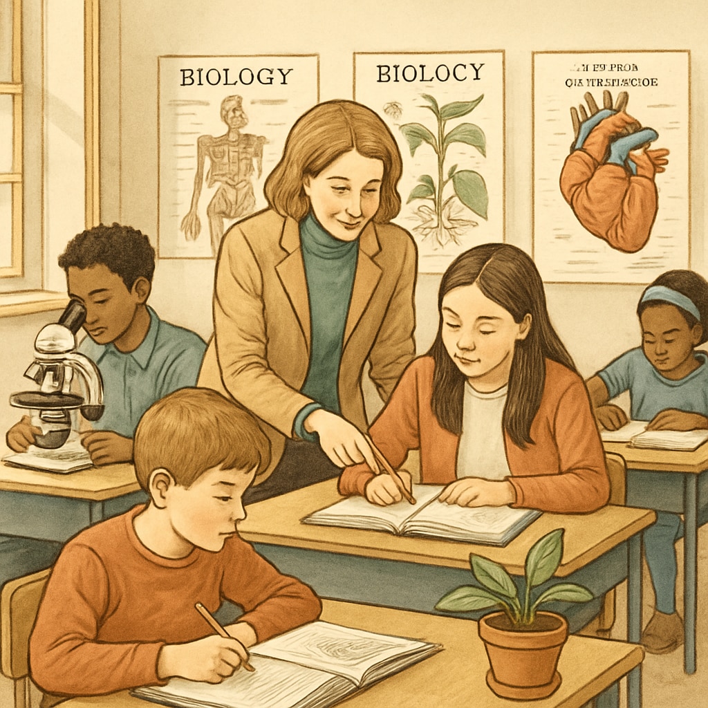 A classroom setting with students studying biology, symbolizing the challenges of accessing specialized courses in K12 education. Students studying biology in a classroom setting, highlighting education barriers related to medical dreams.