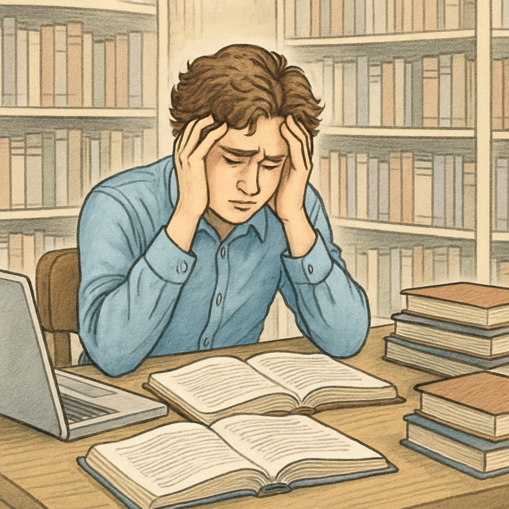 A distressed student sitting in a library, surrounded by books and a laptop. A stressed student in a library, overwhelmed by accusations of plagiarism.