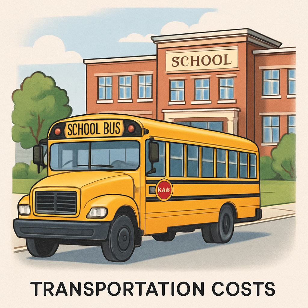 A school bus parked in front of a school building, symbolizing transportation costs as part of school budgets. School bus image representing transportation expenses in school budgets.