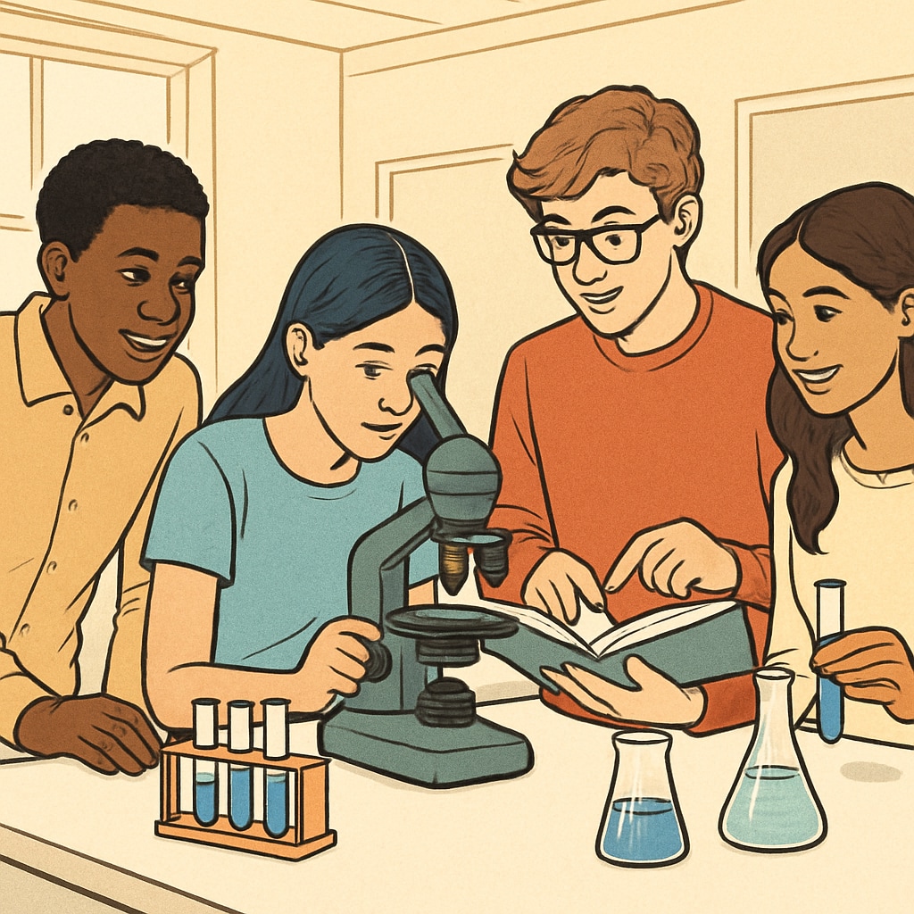 A group of diverse high school students working together in a science lab, examining scientific equipment and discussing their findings. English learners collaborating in a science lab with diverse peers and scientific equipment.