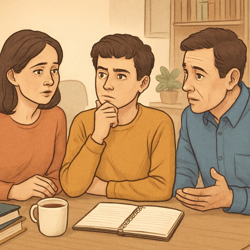 A young student discussing career aspirations with their parents, representing family expectations and emotional support challenges. A student and parents discussing career goals, illustrating the pressure and support challenges in pursuing medical dreams.