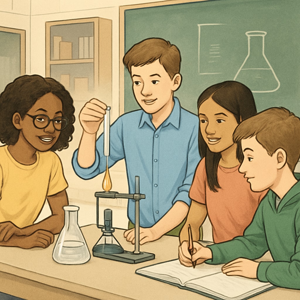 A diverse group of students collaborating on a science experiment in a high school classroom, illustrating peer learning and inclusivity. Students working together on a science experiment, supporting English learners through collaboration.
