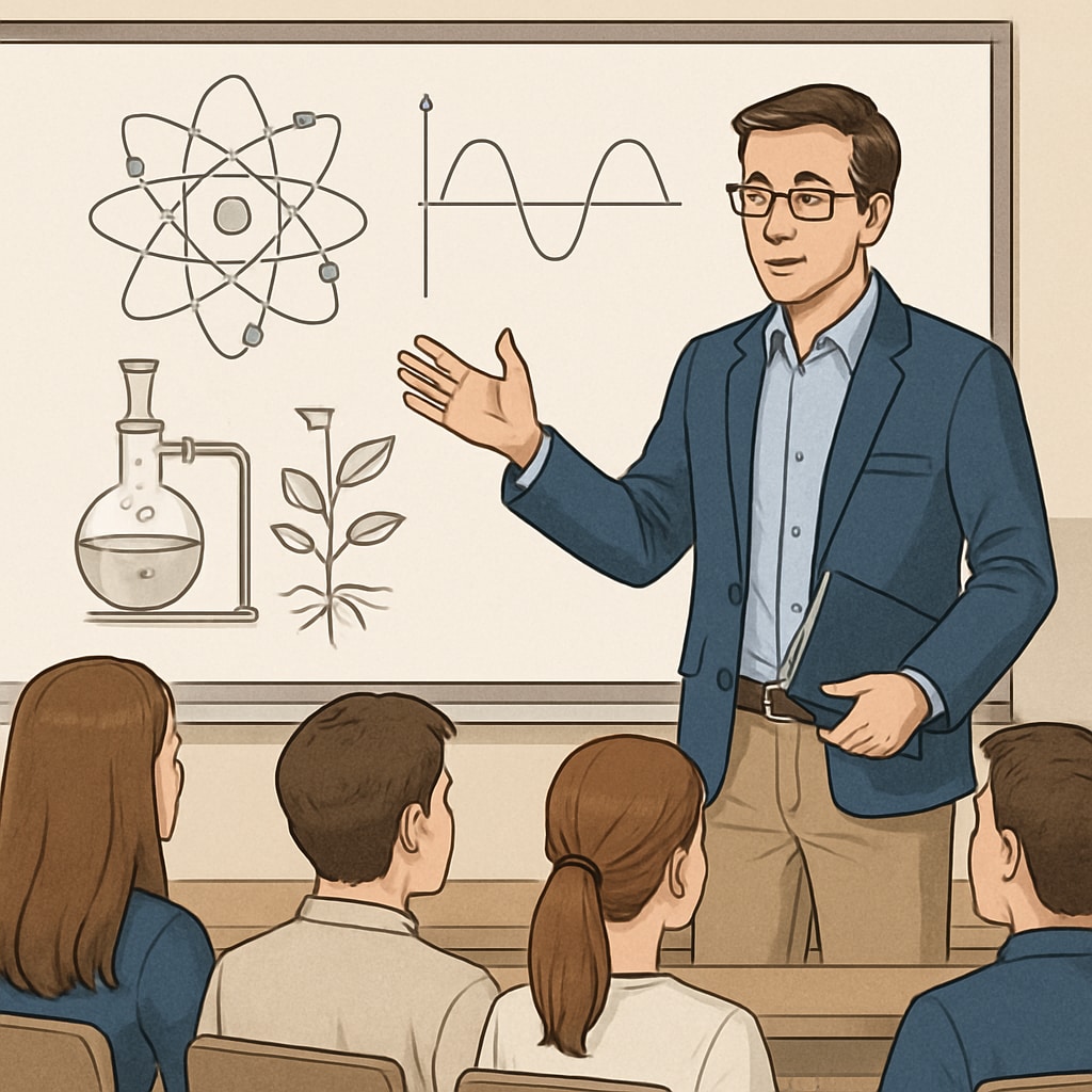 A teacher explaining a scientific concept using a large whiteboard with diagrams, addressing a group of attentive students in a classroom. Science teacher using diagrams on a whiteboard to teach English learners in a classroom setting.