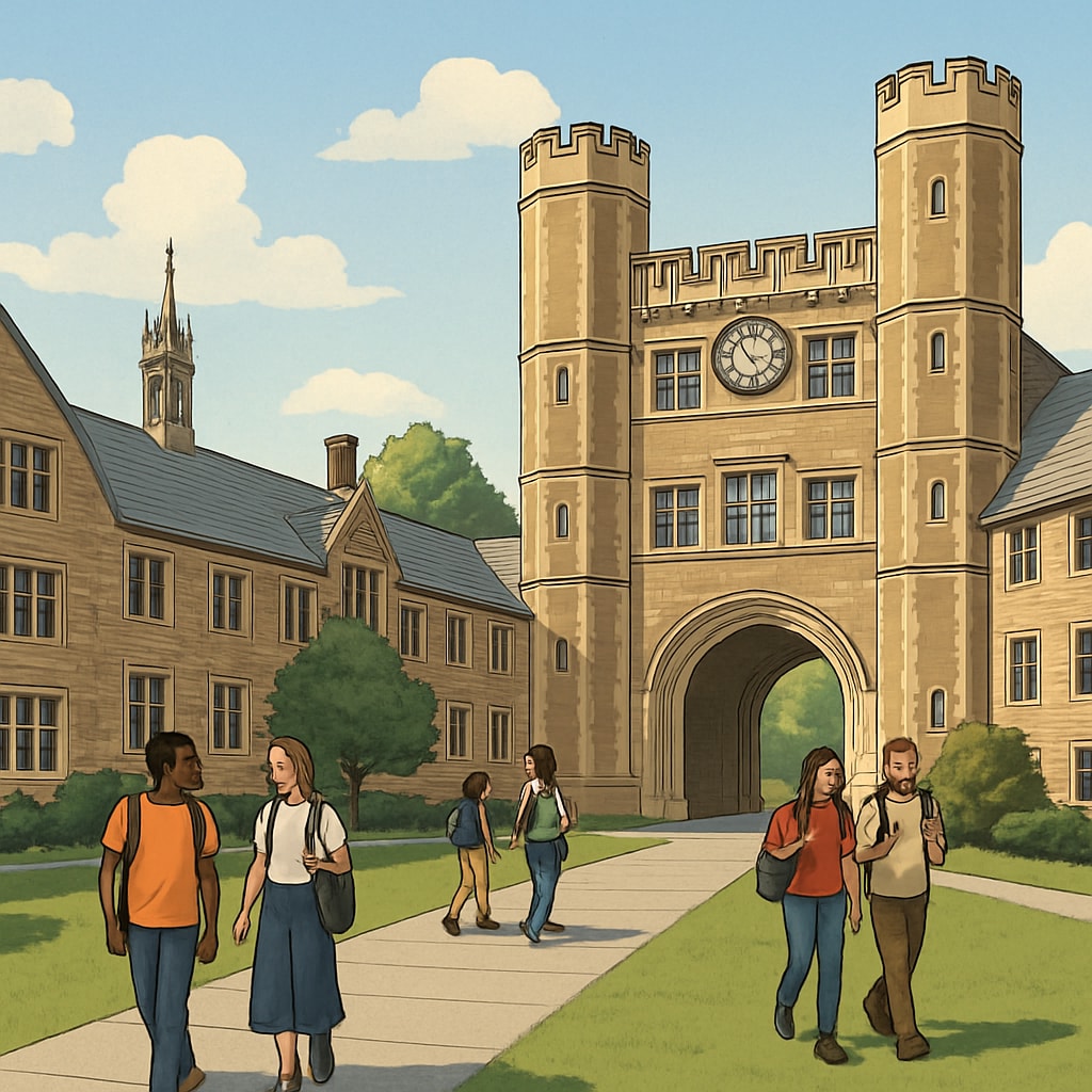 A traditional Ivy League campus with focus on Princeton’s architecture, featuring students walking between buildings. Princeton campus with students walking, highlighting Ivy League architecture.