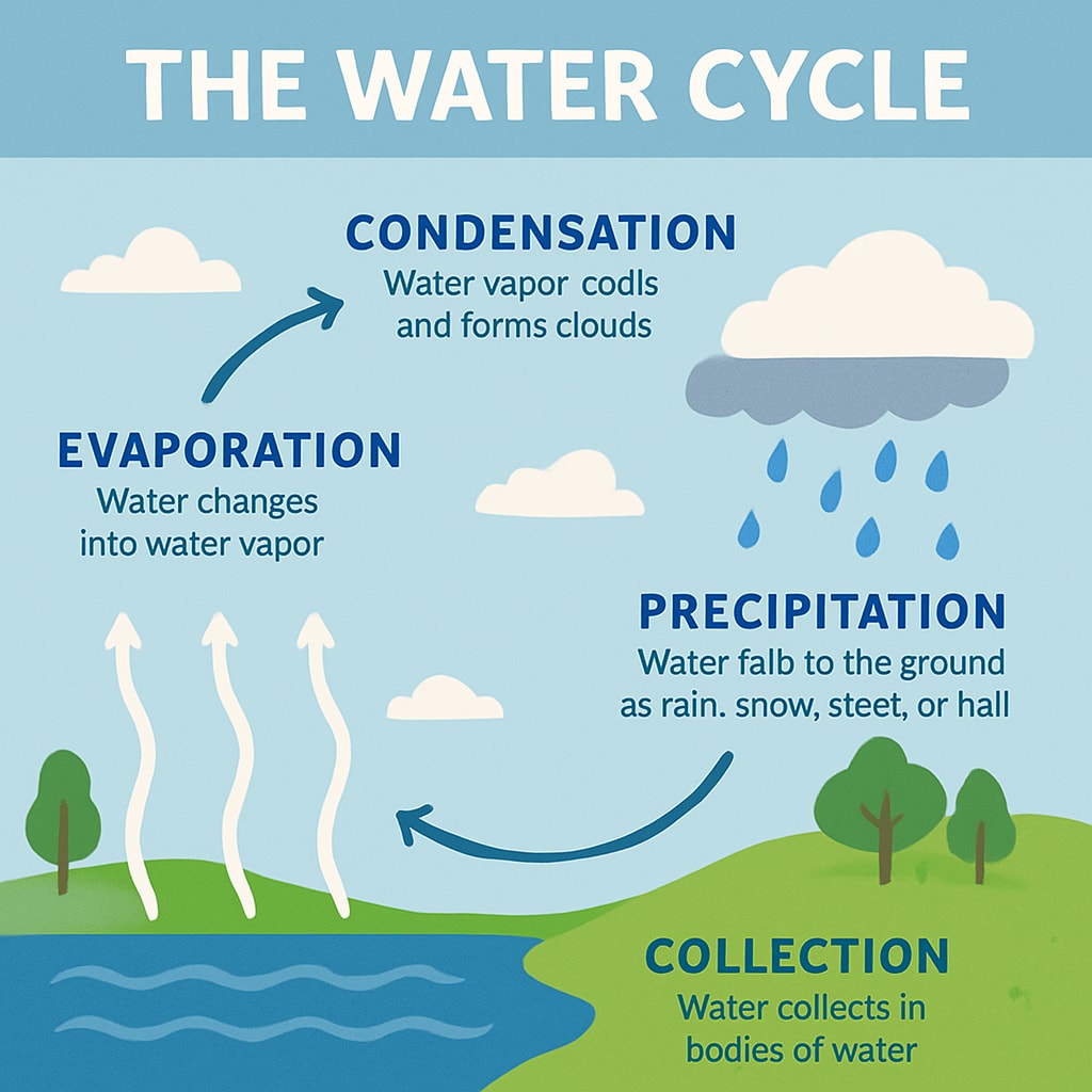 An infographic explaining the water cycle with simple definitions for each stage, demonstrating language-friendly teaching design. Water cycle infographic used in classrooms to simplify concepts for English learners.