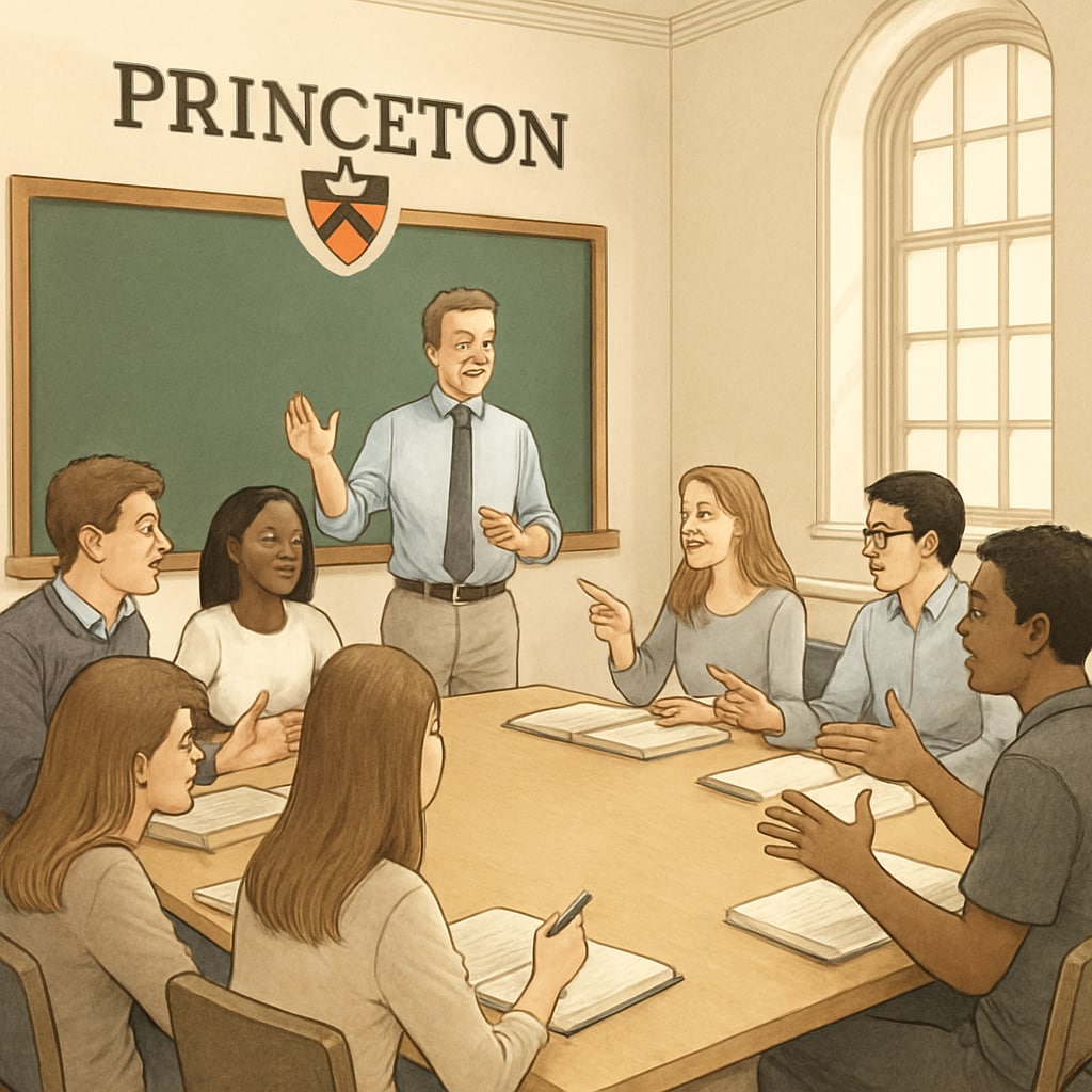 A Princeton classroom with students engaged in discussion, highlighting academic interaction and learning. Princeton students in an academic discussion, showcasing classroom interaction.