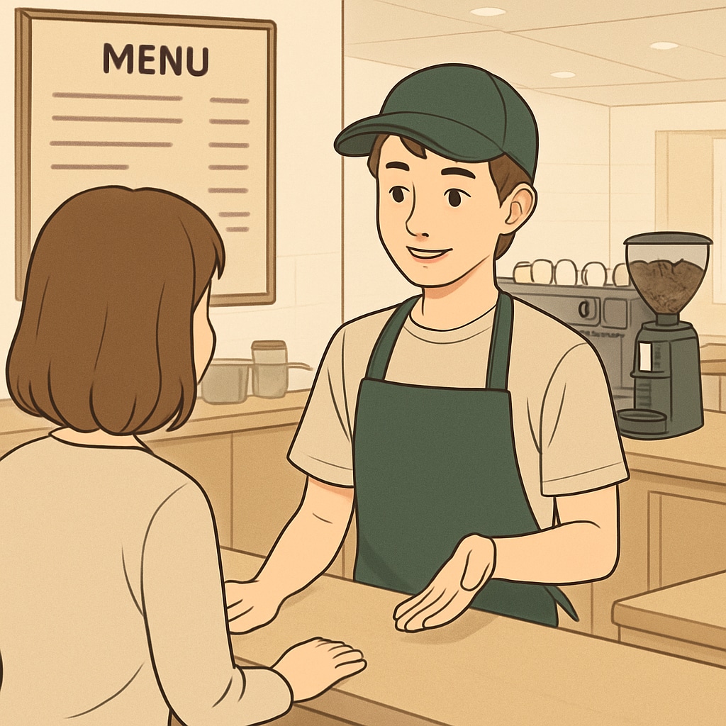 A teenager working a part-time job at a local coffee shop, interacting with customers to highlight the role of high school jobs in skill development. High school student working at a coffee shop, balancing work with academics