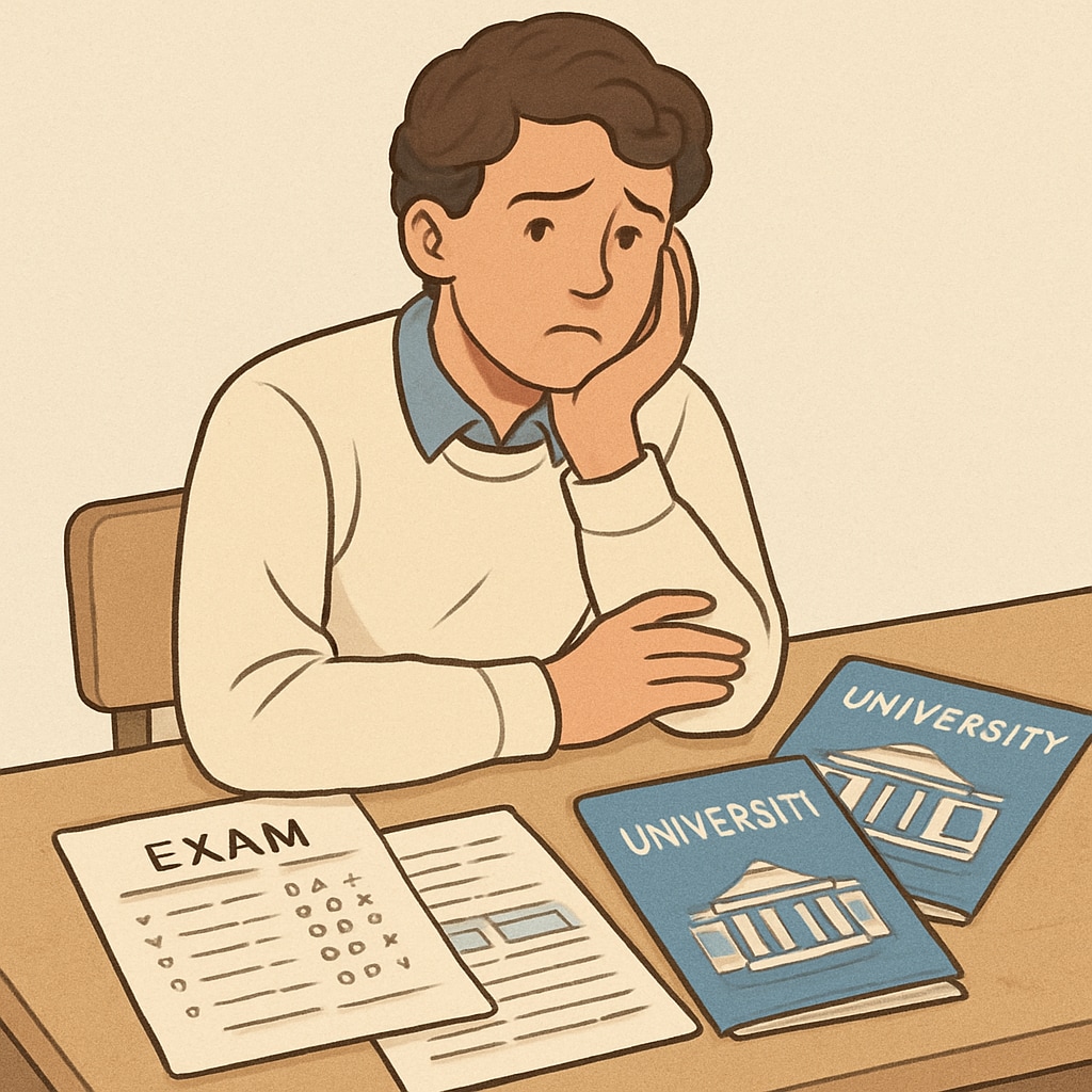A student pondering education choices after A-Level exam failure, sitting at a desk with exam papers and brochures from universities. Student contemplating A-Level exam failure and education options.