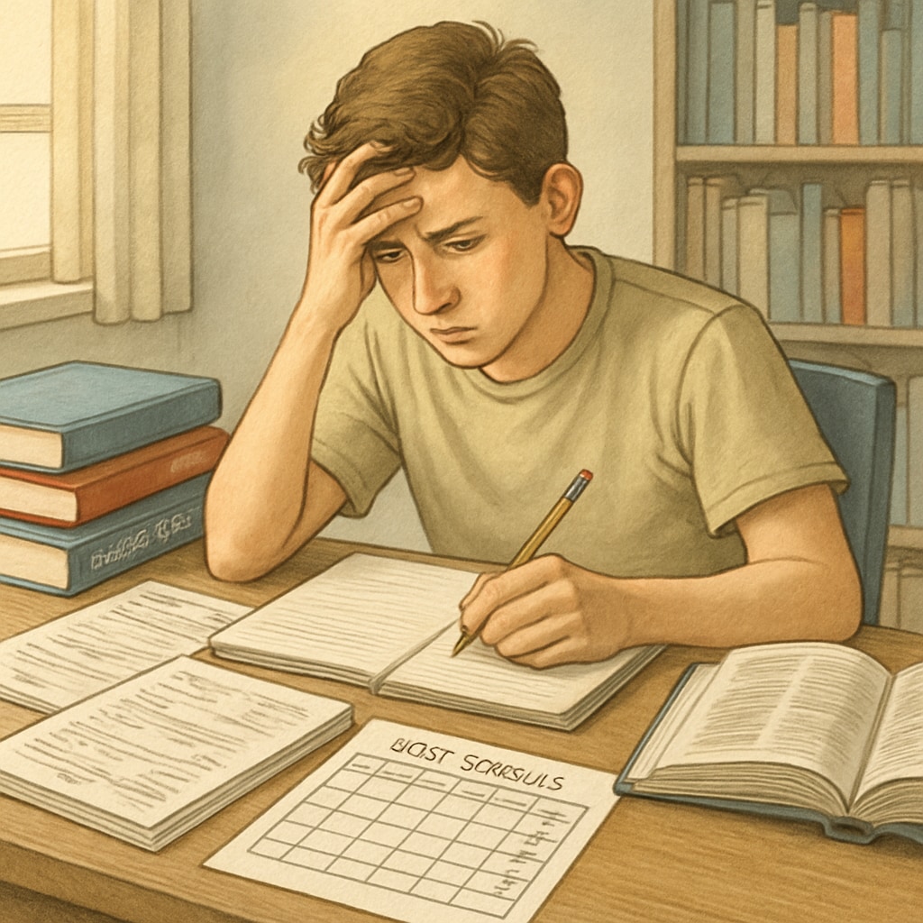 A stressed high school student sitting at a desk, surrounded by homework and a work schedule, representing the challenges of balancing school and work. Stressed high school student managing academics and a part-time job