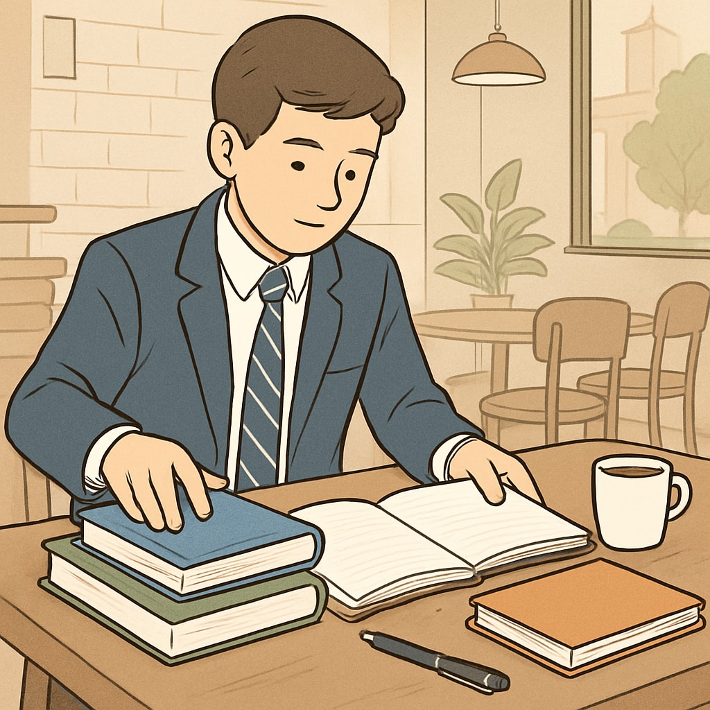 A high school student working at a café while managing academic materials, symbolizing the balance between school and work responsibilities. High school student balancing work and studies in a café environment.
