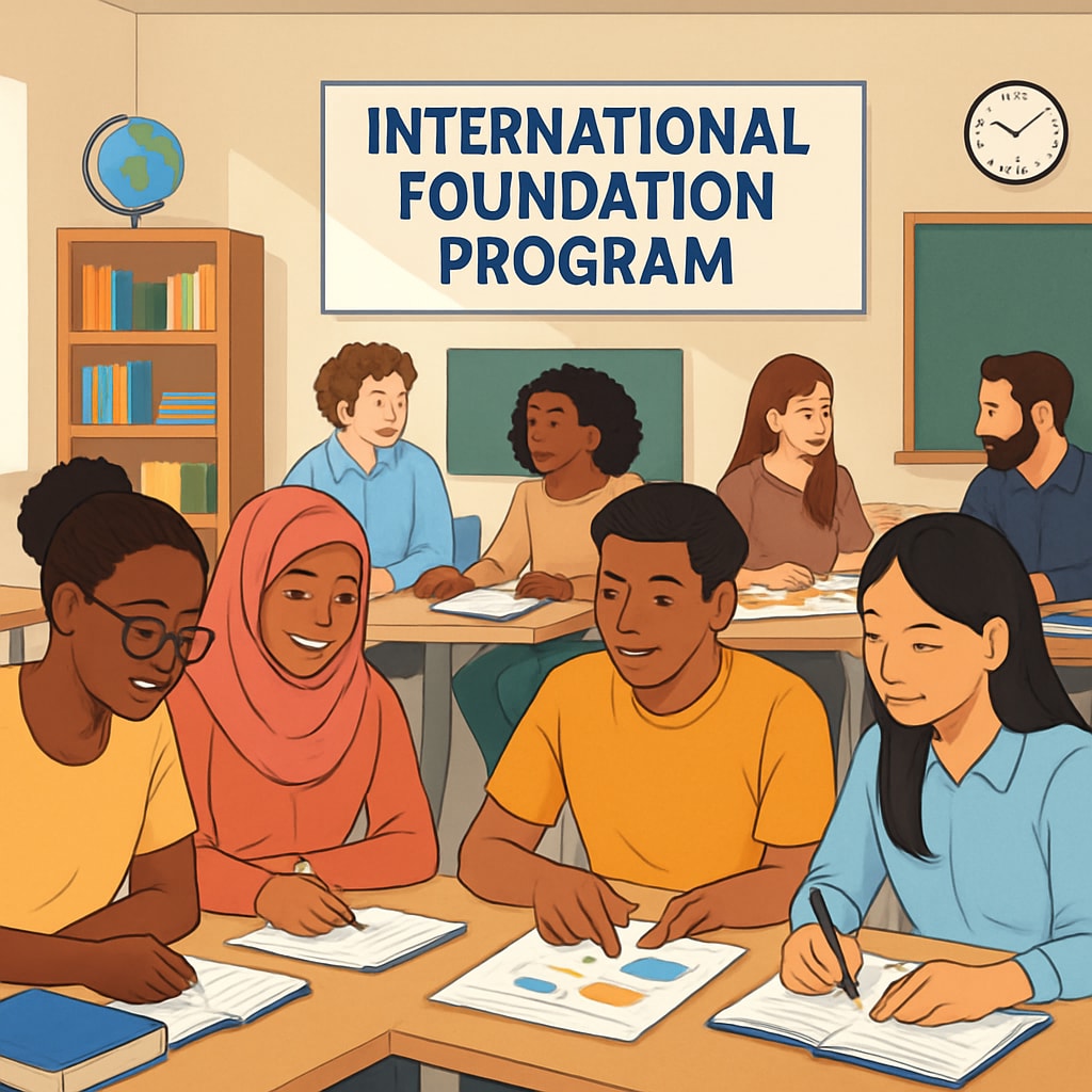A classroom setting in an international foundation program, showing diverse students collaborating on projects. Foundation program classroom with students discussing academic projects.
