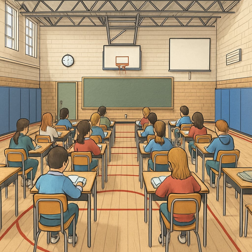 Temporary classroom setup in a converted gym during campus renovations.