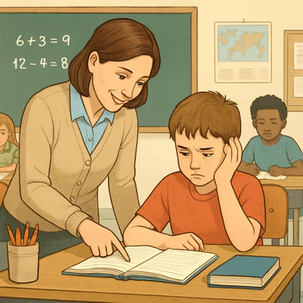 A teacher helping a student with learning difficulties in an inclusive classroom setting.