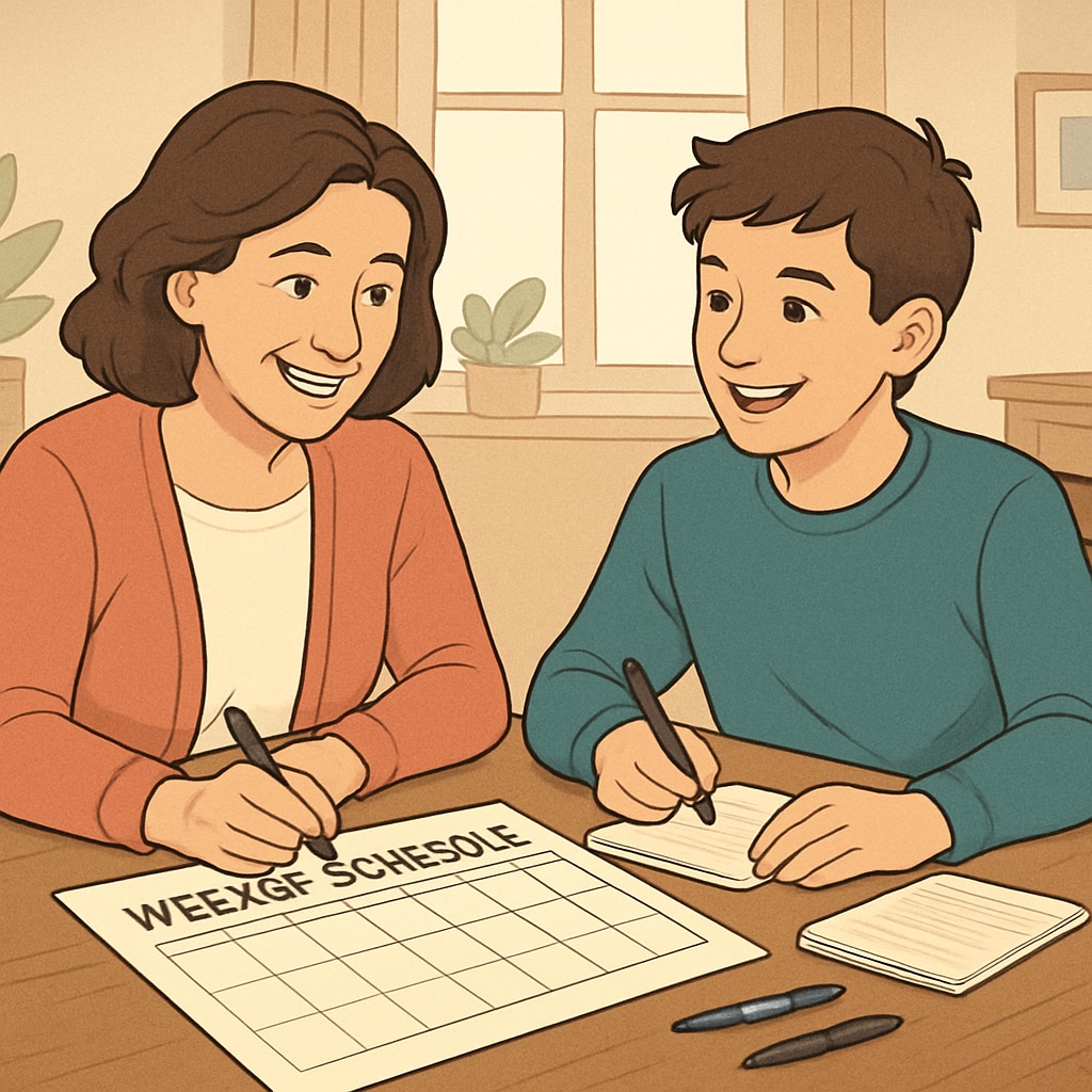 A parent and teenager discussing a weekly schedule at home, emphasizing collaboration and planning for balancing school and work commitments. Parent supporting their teen in balancing academic and work schedules.