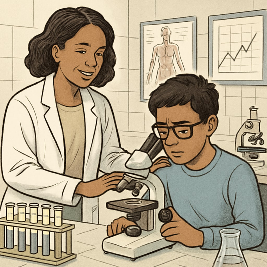 A mentor assisting a student in a medical lab, inspiring learning-challenged students.