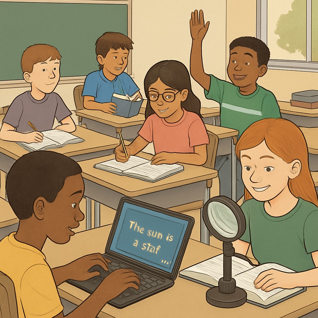 A classroom filled with diverse students, some using assistive devices such as laptops with text-to-speech software or visual aids. Inclusive classroom environment with assistive tools for students with learning disabilities.