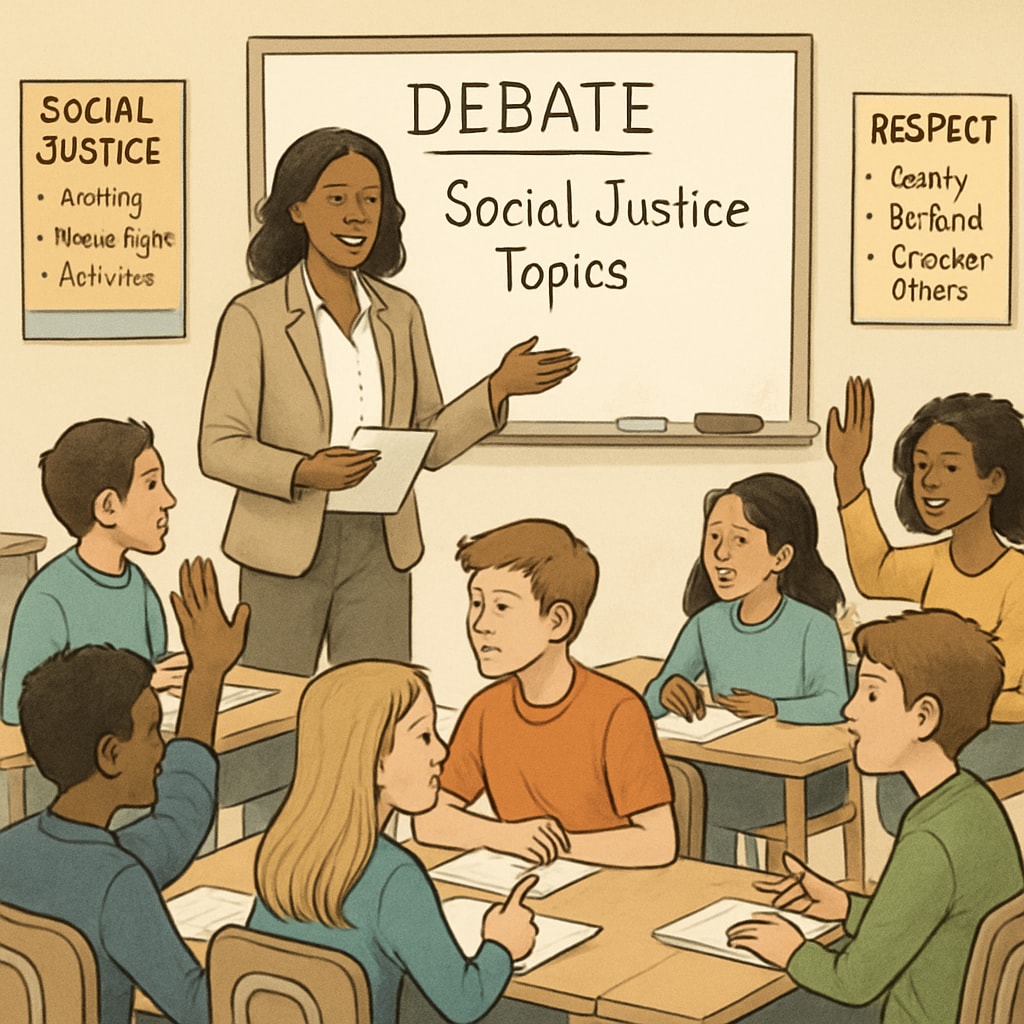 A teacher facilitating a debate among students about social justice topics, reflecting the role of educators in presenting balanced viewpoints. Teacher leading a debate about social justice in a K12 classroom.