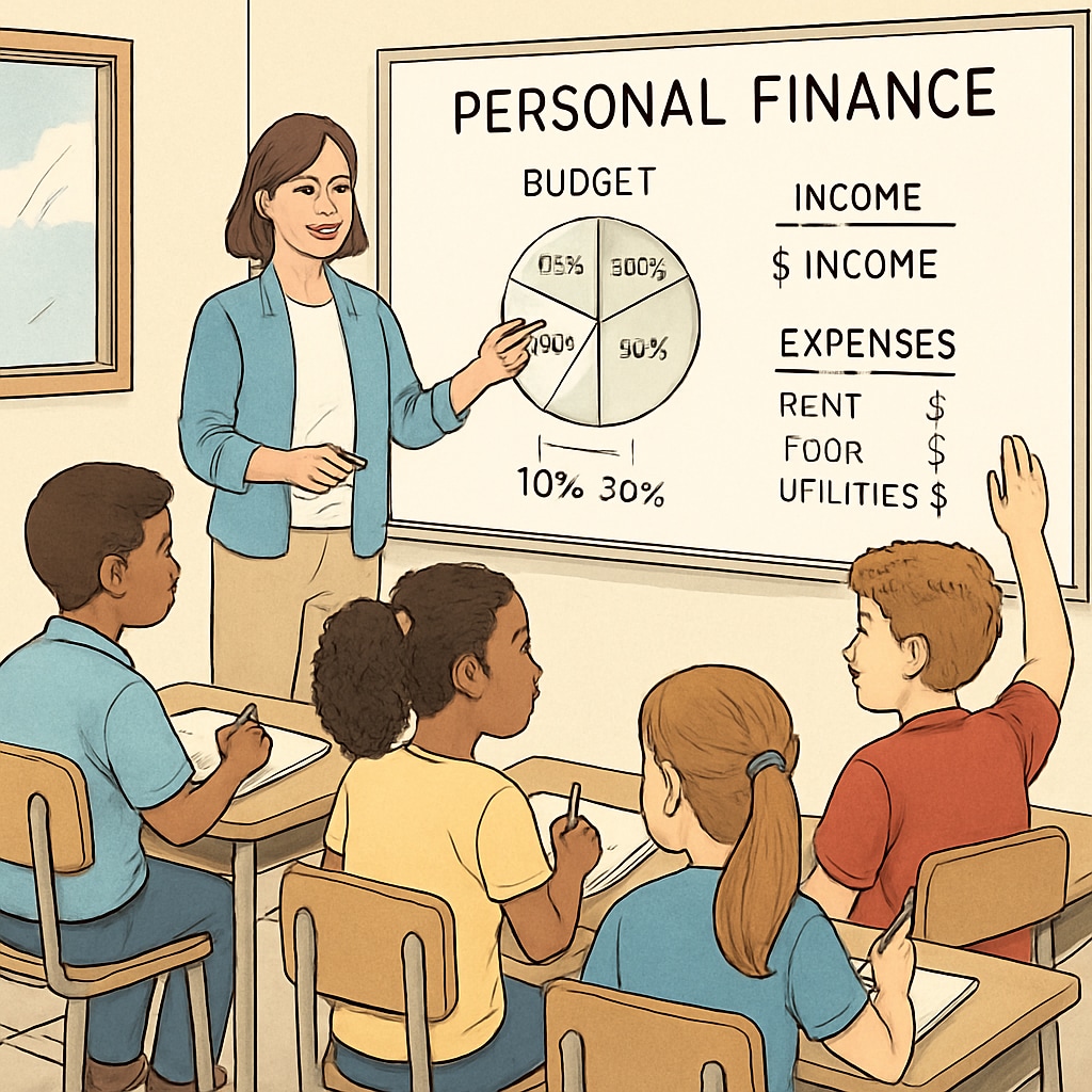 A classroom setting with students actively learning about personal finance, with a teacher demonstrating budgeting strategies. The image emphasizes the importance of early financial education. Students learning financial planning and budgeting in a classroom