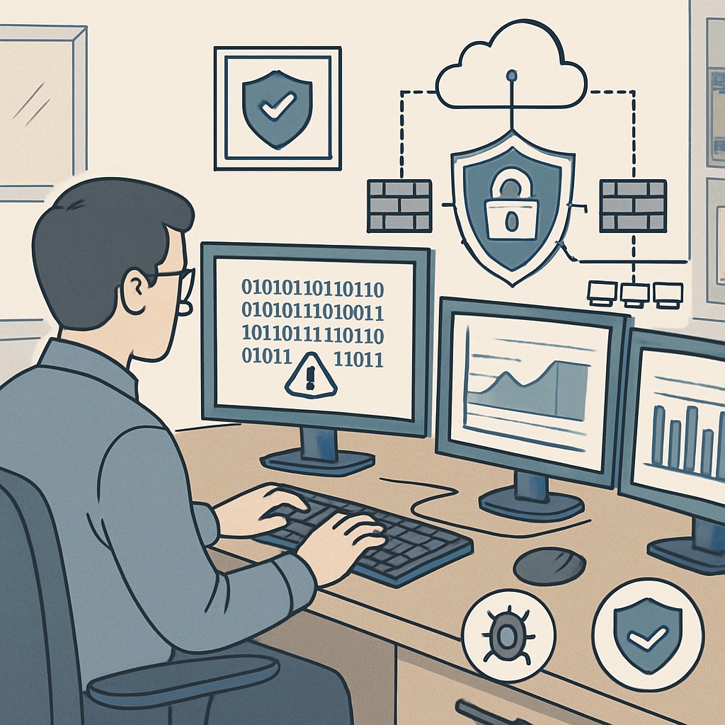 A professional working on cybersecurity protocols, monitoring network security systems to detect potential threats. Cybersecurity professional monitoring systems to prevent cyber threats.