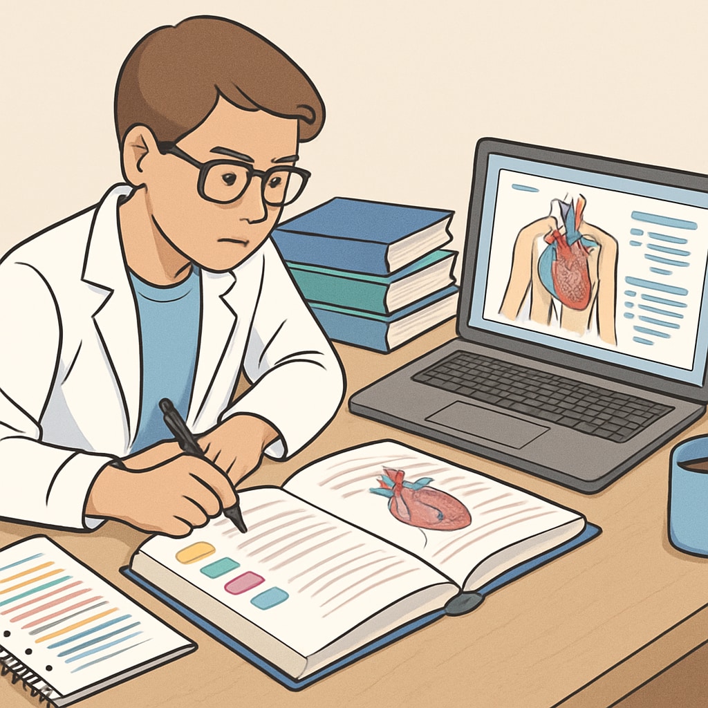 A determined medical student studying with assistive tools, such as color-coded notes and specialized software. Medical student using adaptive learning tools to overcome learning disabilities.