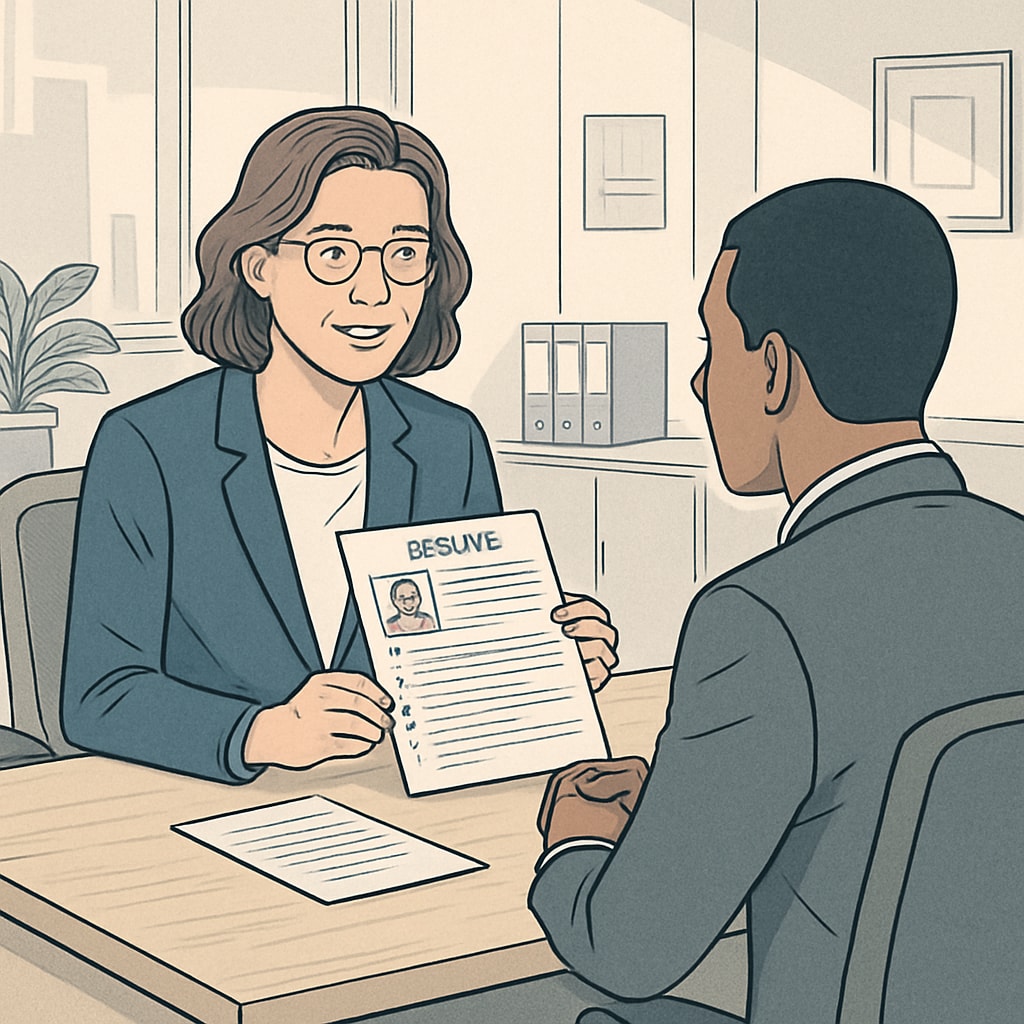 A professional career coach reviewing a resume with a client in a modern office setting. Resume improvement in Canada with professional career coaching assistance.