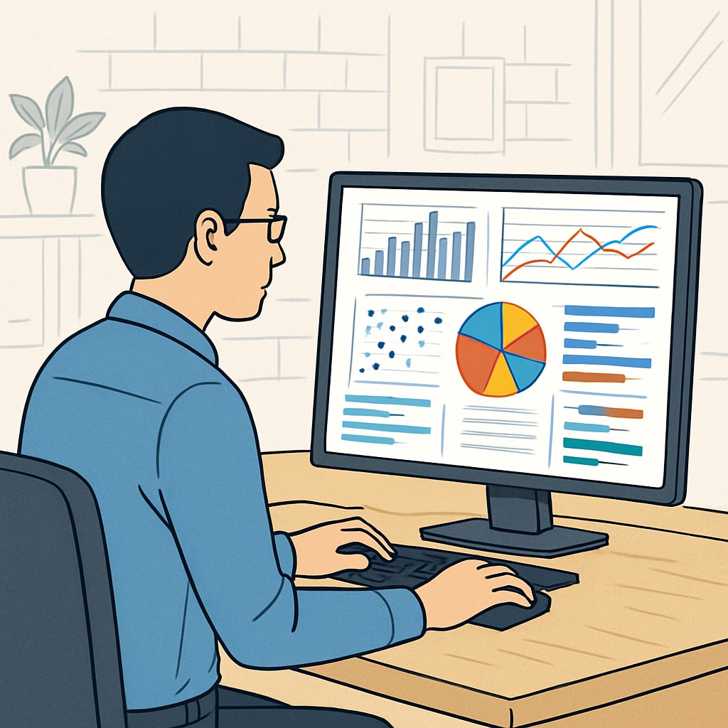 A data scientist analyzing a large dataset with visualizations on a computer screen, showcasing trends and patterns. Data scientist visualizing trends in a large dataset on a computer screen.