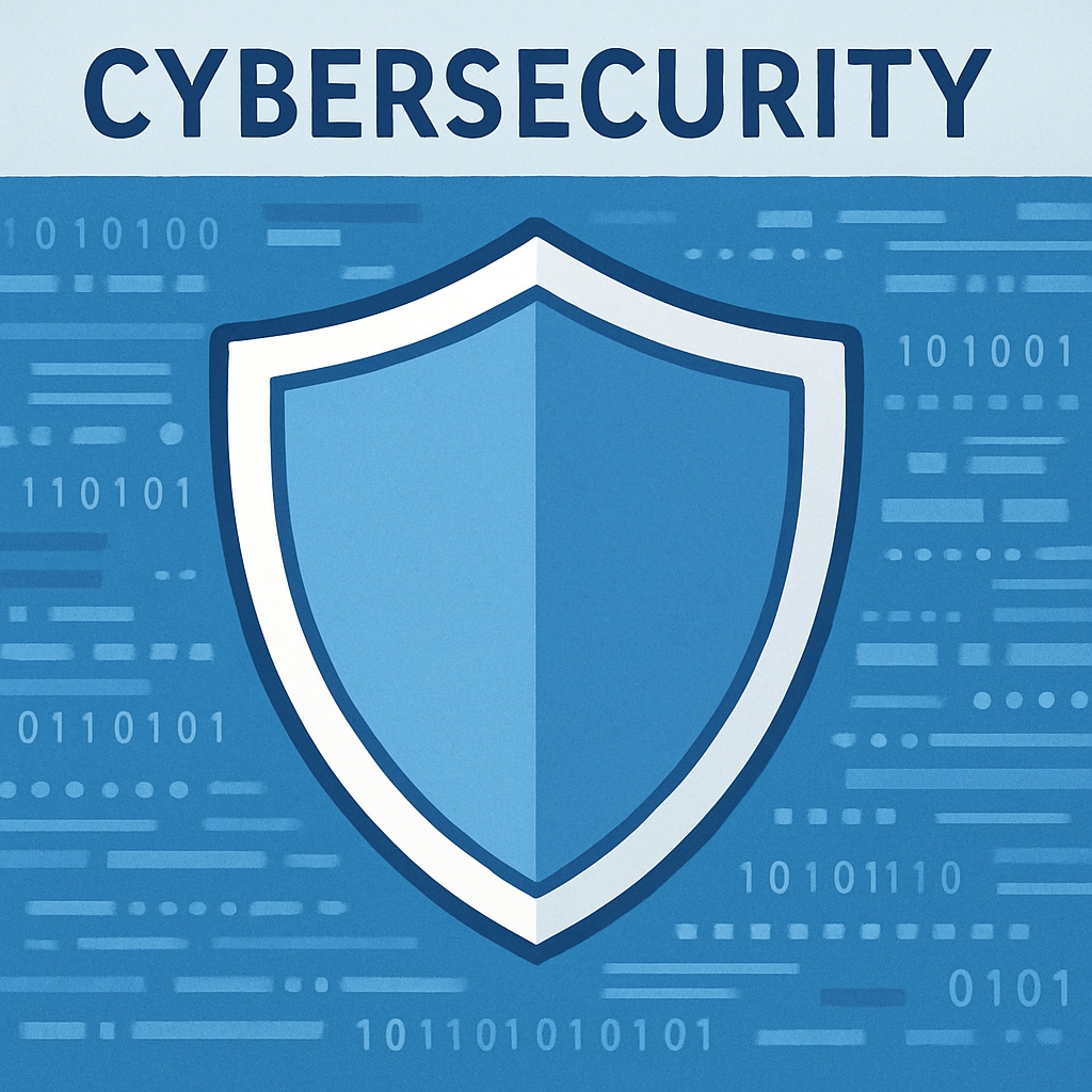 A conceptual image of cybersecurity, showing a shield icon and digital code in the background, representing secure data systems. Cybersecurity concept with shield icon and digital code representing secure systems.