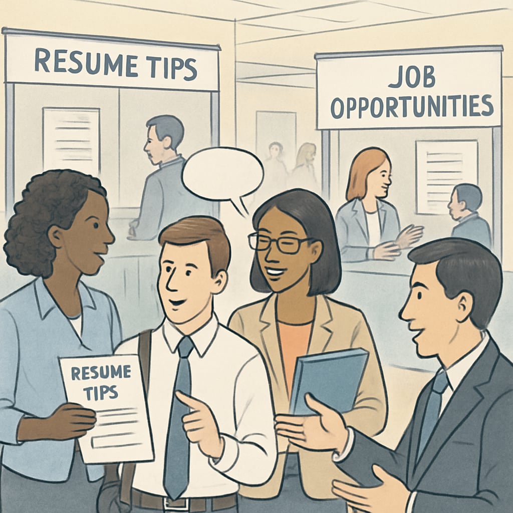 A group of professionals networking at a career fair, discussing resume tips and job opportunities. Professionals networking in Canada to improve resumes and career prospects.