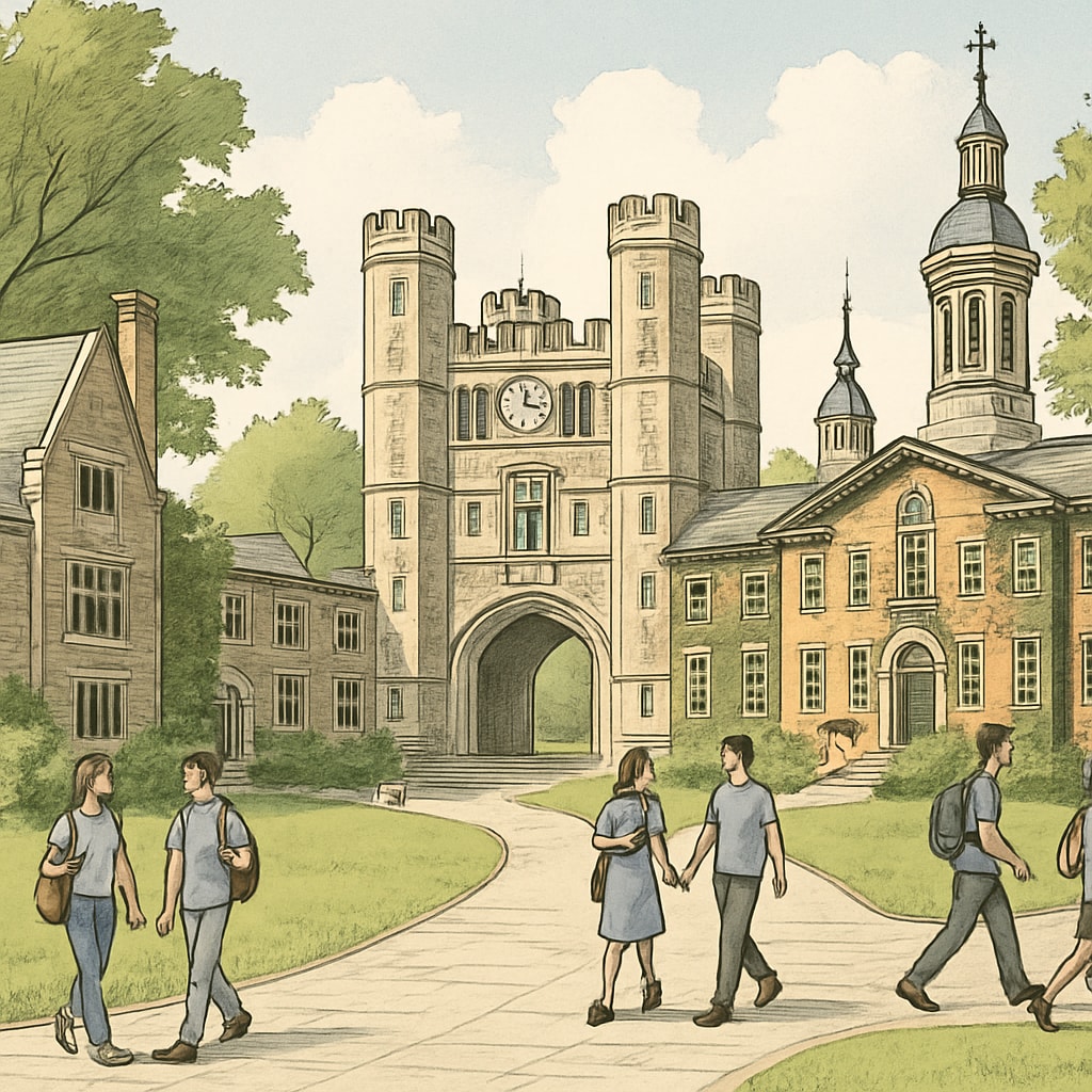 A bustling Princeton University campus, with students walking between historic buildings. This image captures the essence of the university's vibrant student life. Princeton campus with students walking near historic buildings, discussing its reputation.