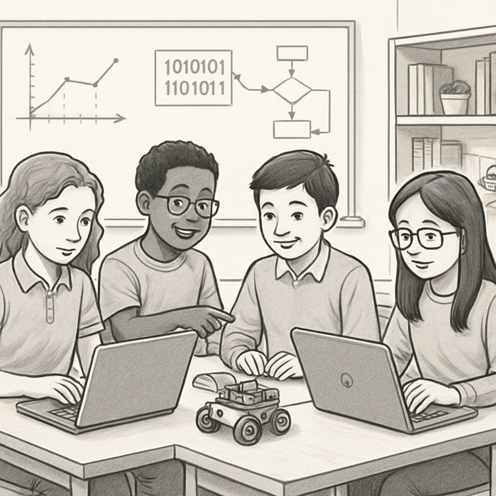 A group of students working on laptops in a classroom setting, engaging in a hands-on STEM activity related to coding or data analysis. Students participating in a STEM activity, learning coding and data analysis skills.